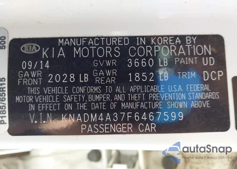 2015 Kia Rio Lx z USA, uszkodzony, nr VIN KNADM4A37F6467599
